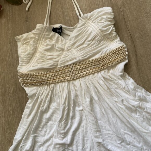 Sky Top White Draped Front Rhinestone Bling Halter Top - Picture 5 of 14